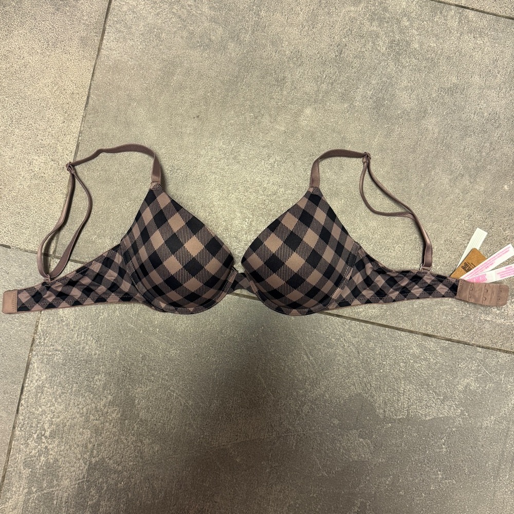 PINK Victoria’s Secret Wear Everywhere Push Up Bra Mocha Brown Black Plaid 32C - Picture 4 of 8